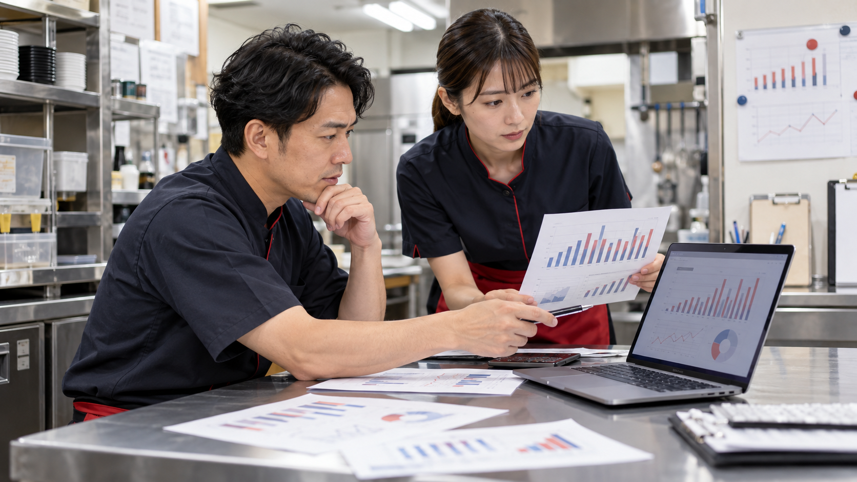 店舗責任者が売上グラフの資料とノートパソコンを見ながら月次を確認する場面
