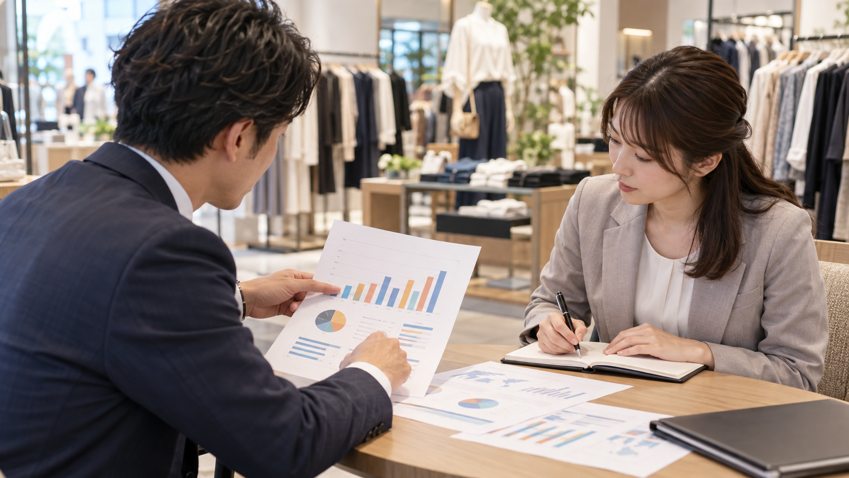 衣料店を背景に、二人の担当者がグラフ資料とノートを見て翌期計画を確認する場面