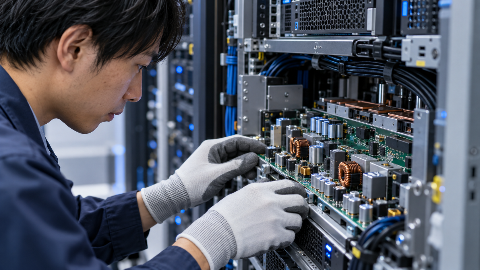 AIサーバーの電源回路基板を点検する技術者