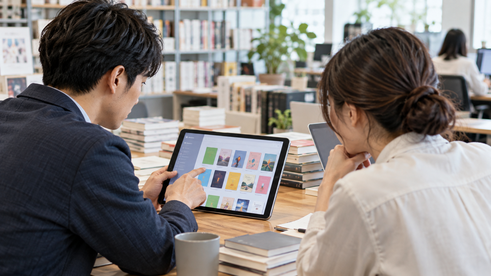 電子書籍の表紙一覧が表示されたタブレットを、書籍が並ぶ職場で二人の担当者が確認している様子