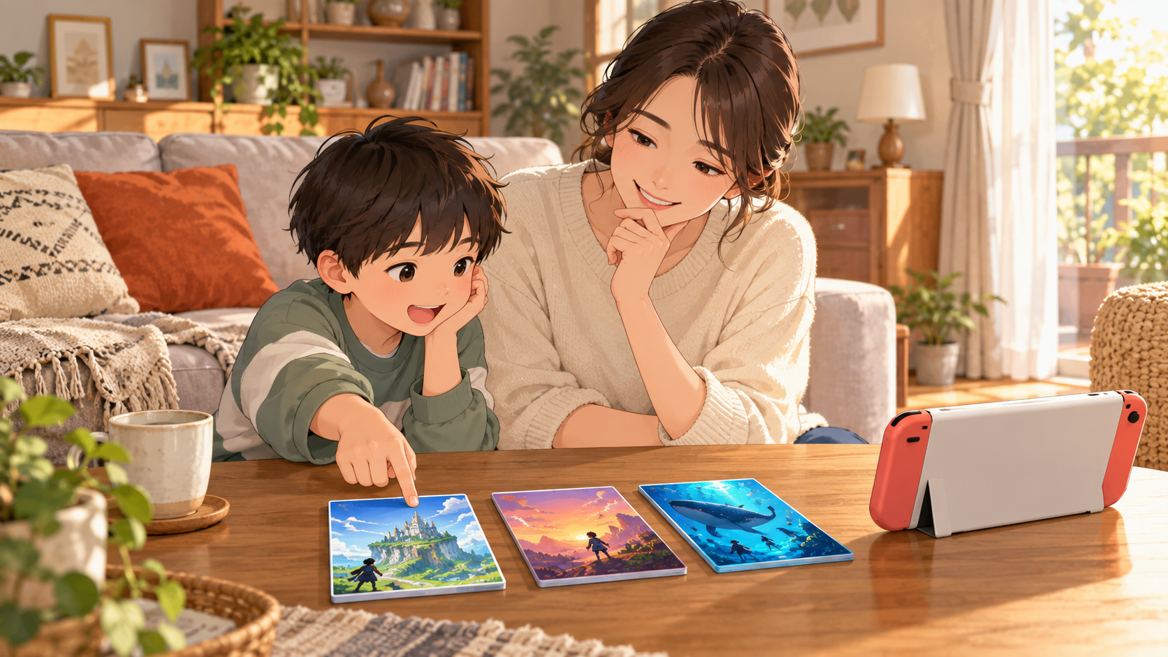 家庭で親子が3種類のゲームカードと携帯型ゲーム機を前に最初の1本を選ぶ場面