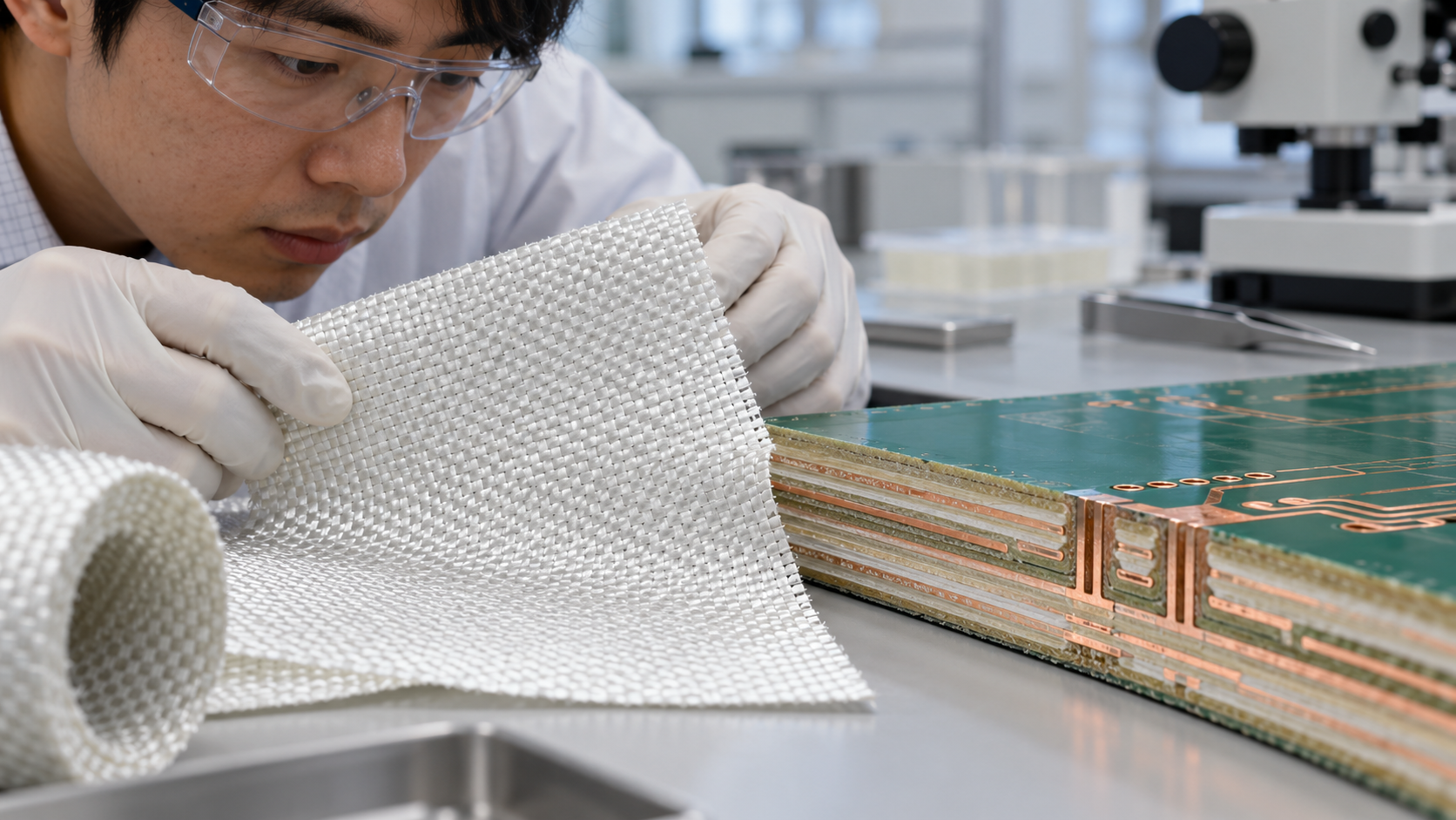 ガラスクロスと多層プリント配線板の断面を検査する技術者の手元