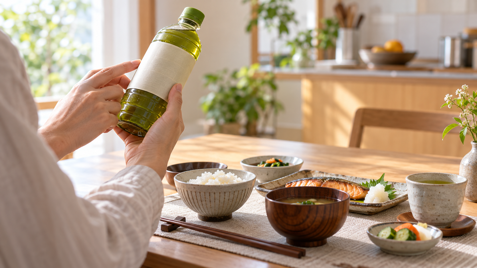 朝食の食卓で緑茶ボトルの表示を手に取り確認する場面