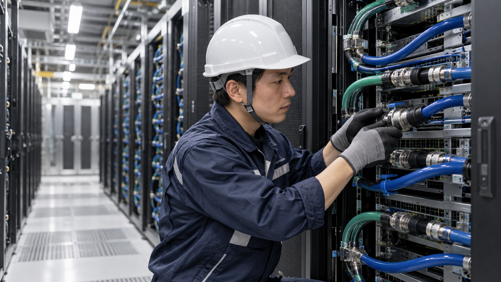 高密度AI計算ラックの液冷配管を点検するデータセンター技術者