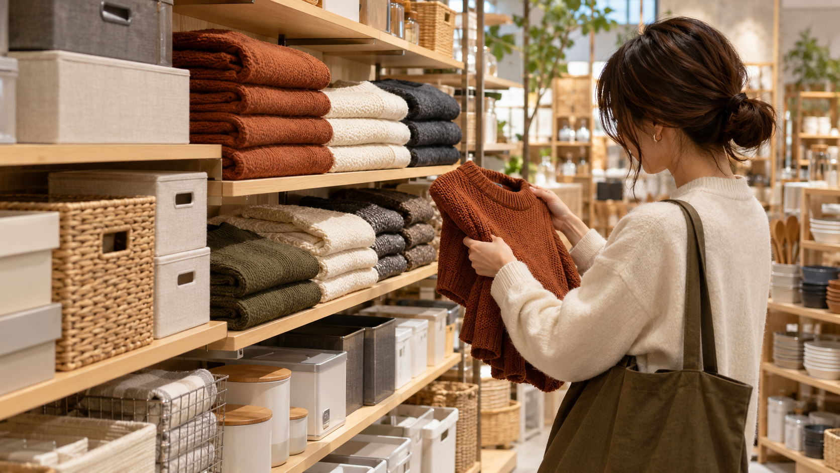 秋の衣服と収納用品を選ぶ生活雑貨店の買い物客