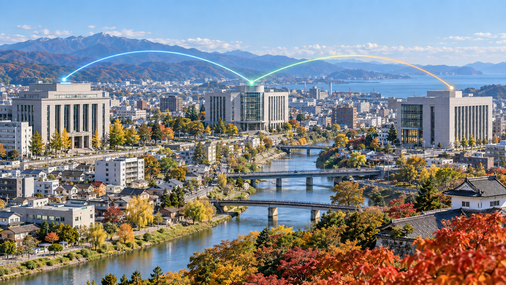 北東北の三つの地域銀行を結ぶネットワークを表した地域の風景