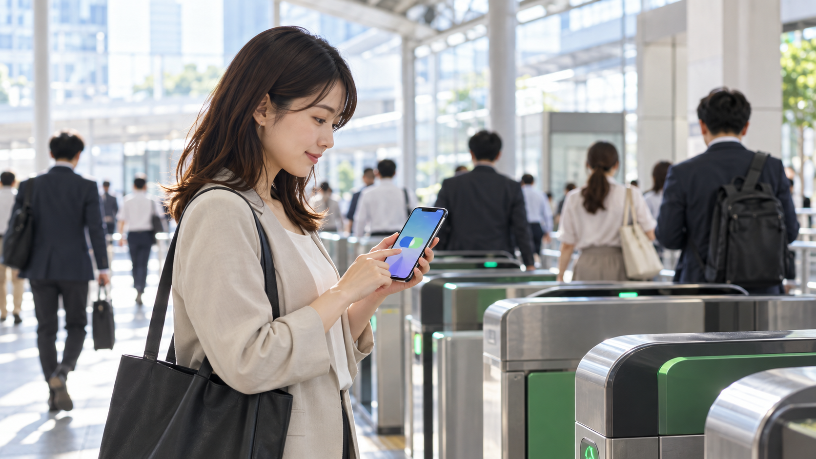 駅の改札近くでスマートフォンの決済画面を確認する通勤者