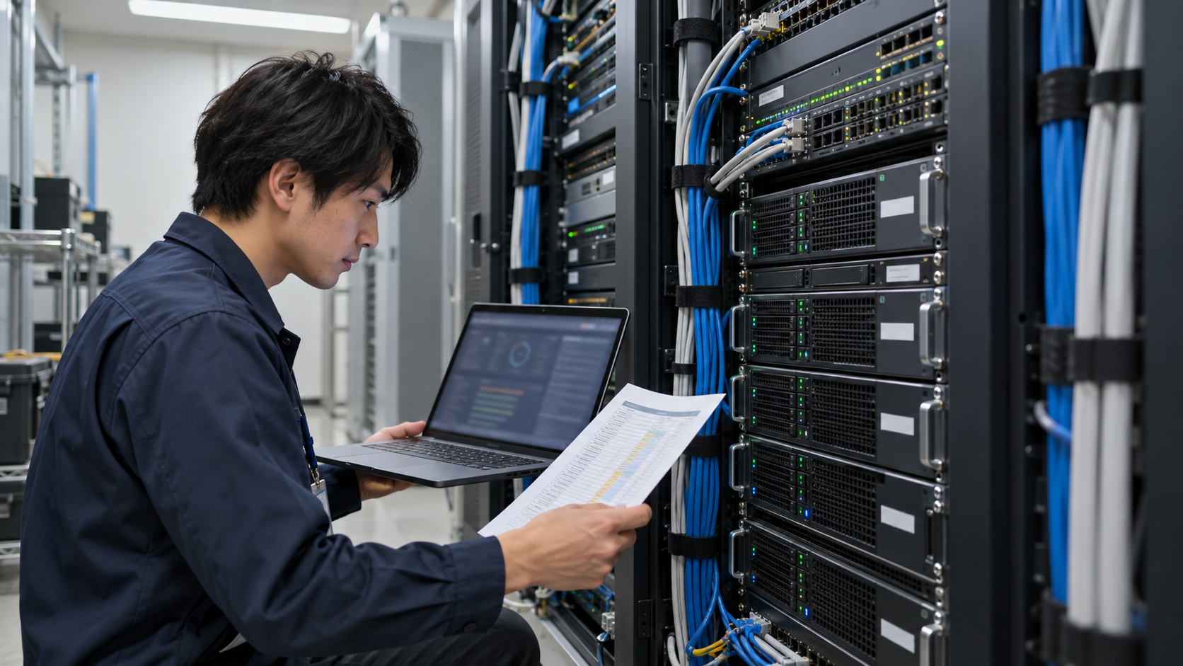 サーバーラックの前でノートPCと一覧表を使いPHP実行環境を確認する運用担当者