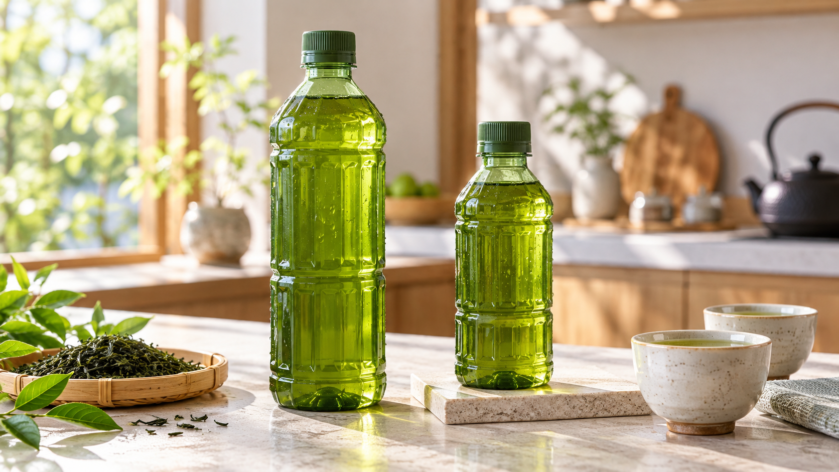 背の高い緑茶ボトルと小さな緑茶ボトルを並べた容量比較のイメージ