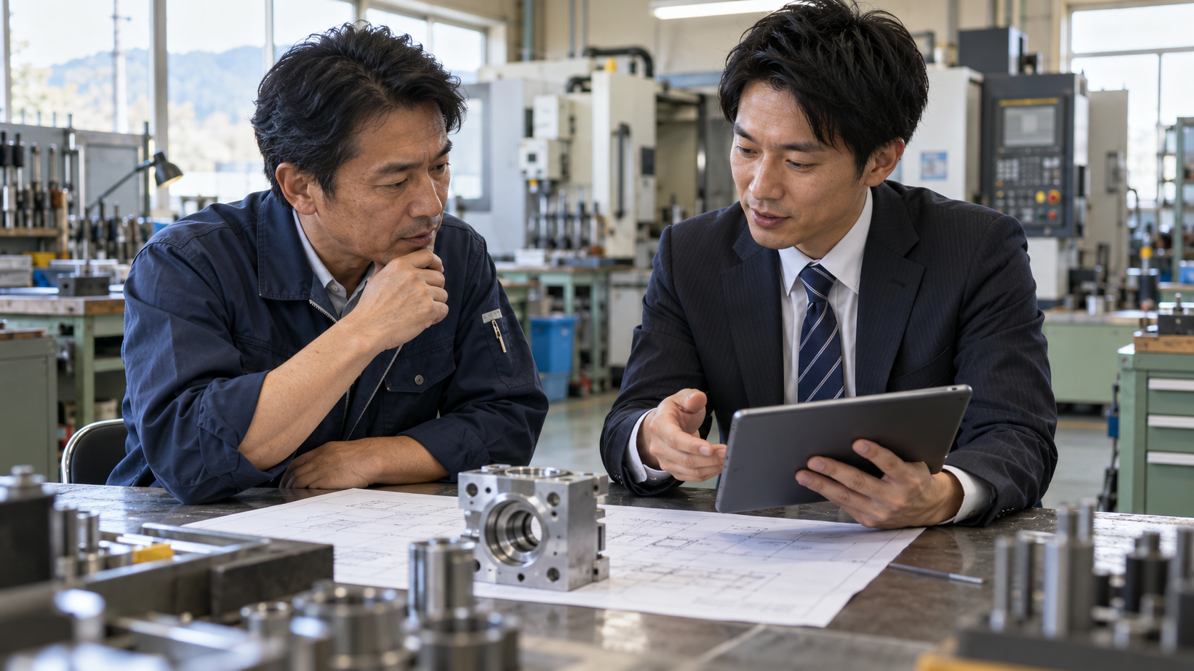 地域企業の経営者と金融機関の担当者が事業計画を相談する様子