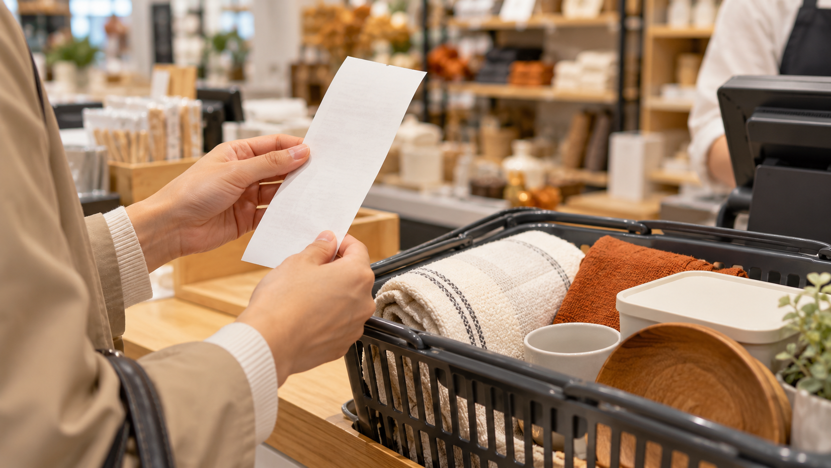 買い物かごとレシートを手にして購入内容を確認する買い物客