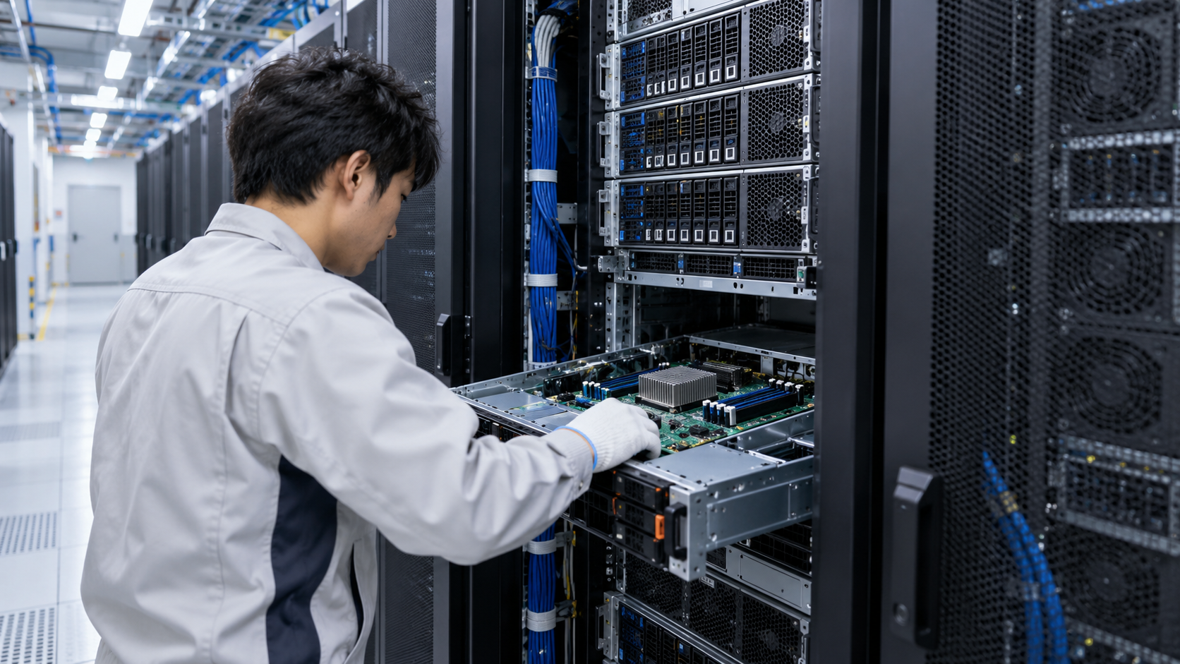 高密度サーバーラックで基板を点検するデータセンター技術者