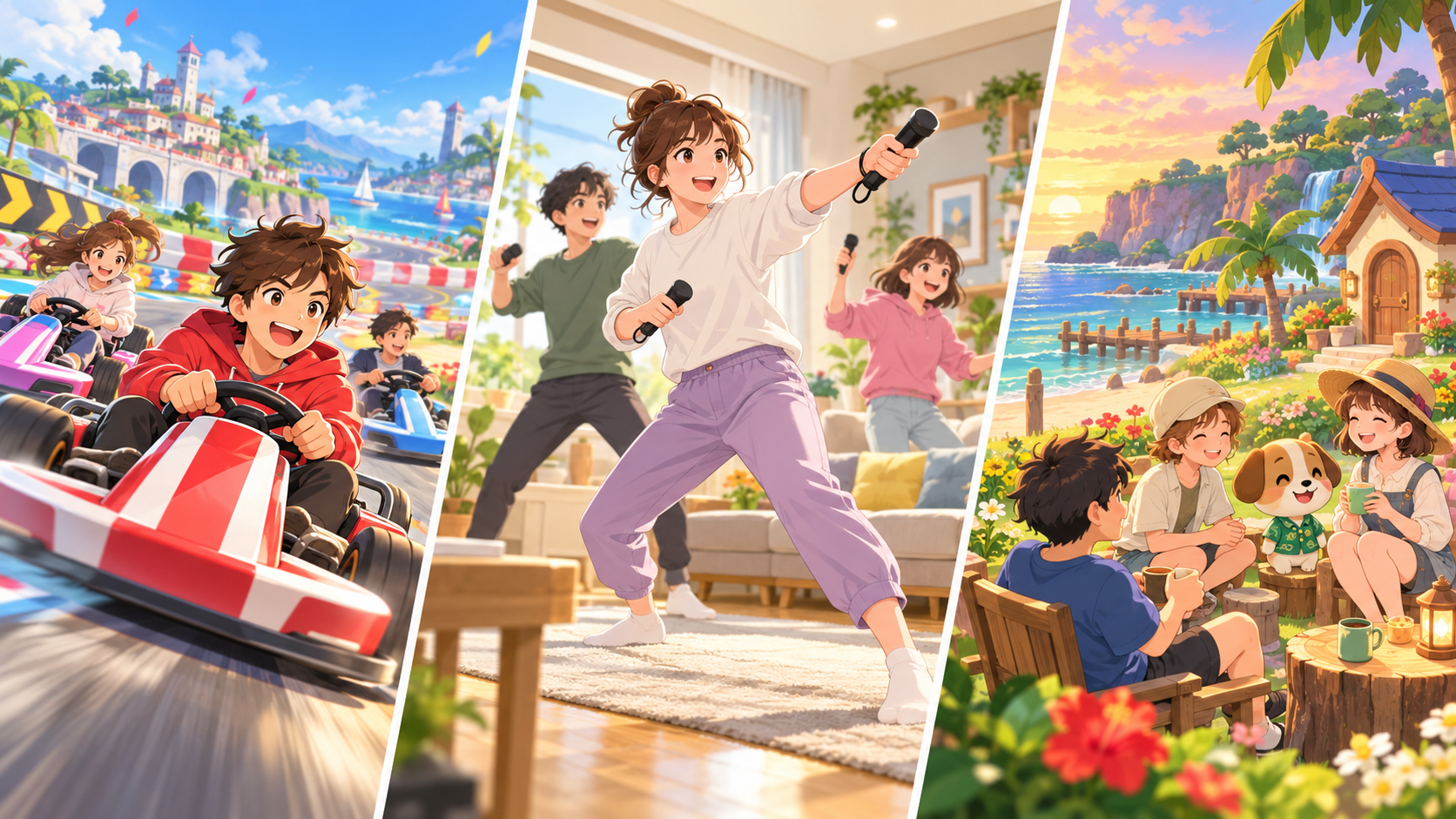 カートレース、体感スポーツ、島の暮らしを並べた3種類のゲーム体験のイメージ