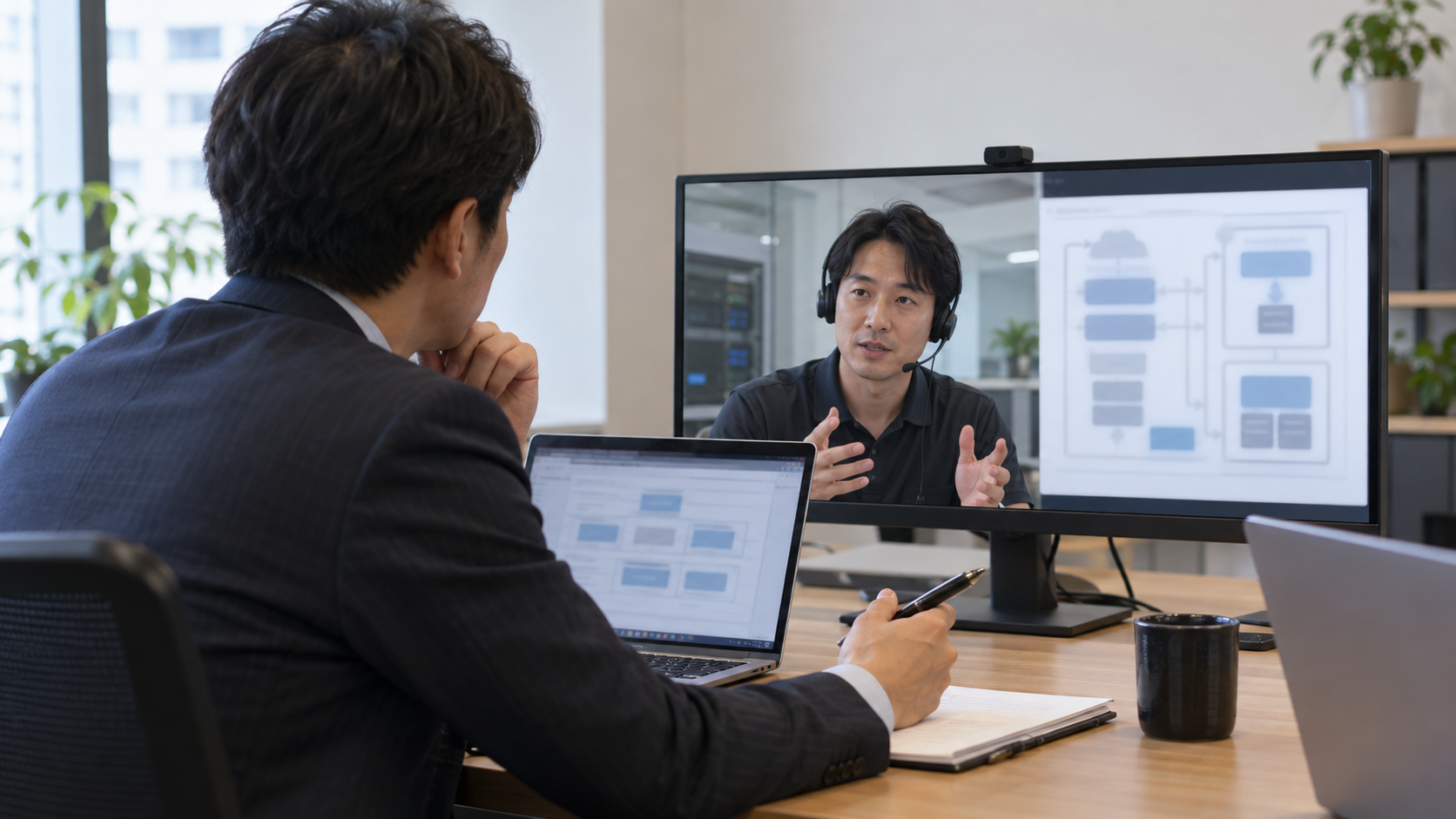 Web会議でPHPの更新責任とサーバー構成を確認する運用担当者と支援担当者