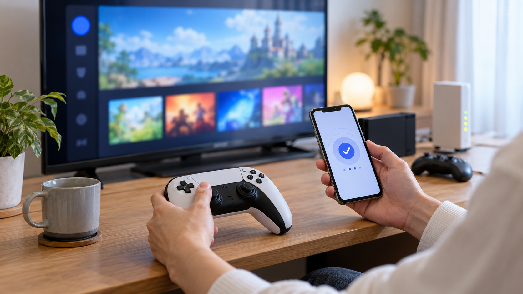 ゲーム機とスマートフォンを使いアカウント確認とダウンロード準備をする手元