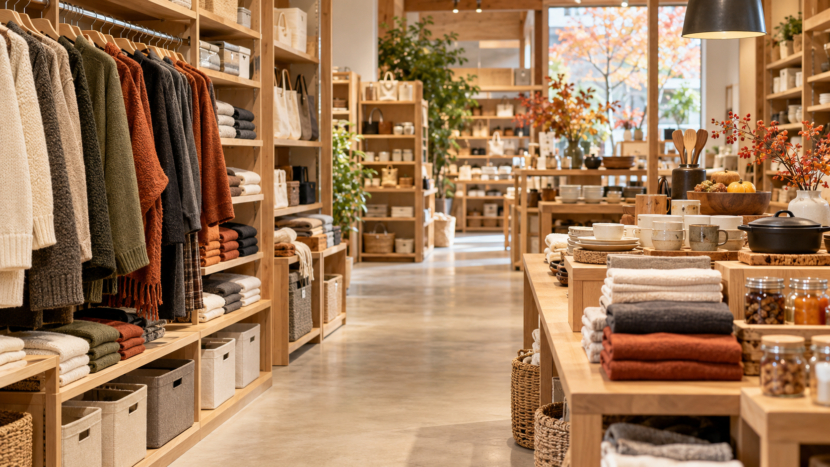秋色の衣服とハウスウェアが整然と並ぶ生活雑貨店の売り場