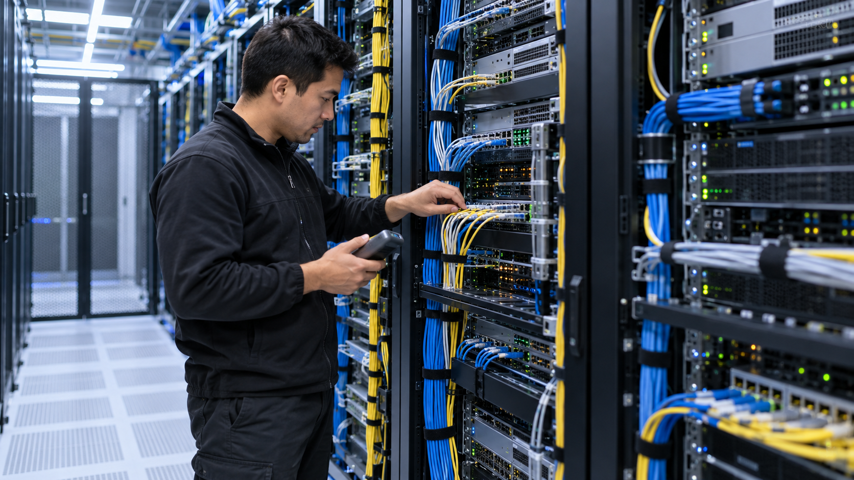 AIデータセンターでイーサネット接続とサーバーラックを確認するネットワーク技術者