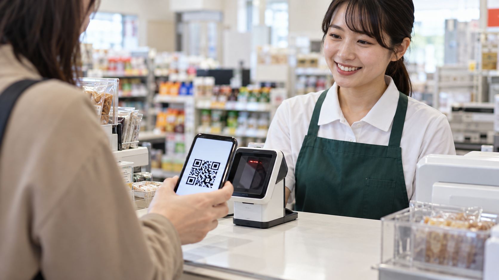 コンビニエンスストアのレジでスマートフォンのコード決済を使う利用者