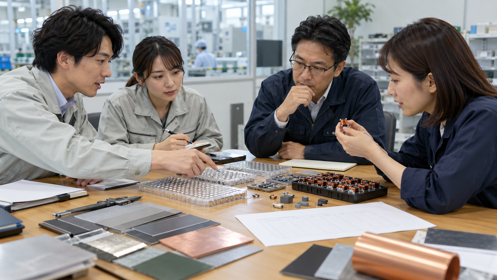 電子部品の試作品を囲み製造と調達を協議する技術者たち