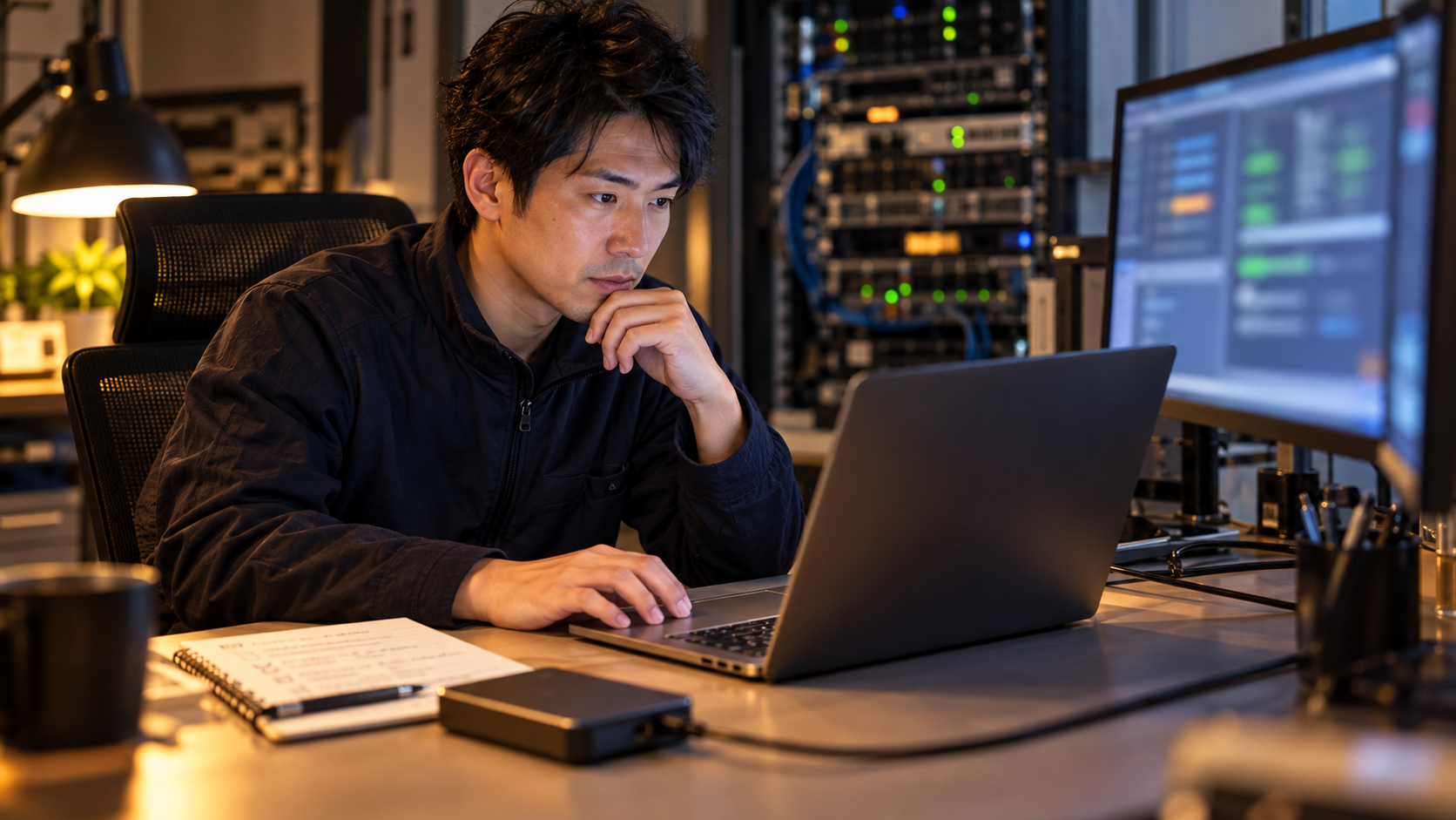 サーバー機器のそばでノートPCを使い段階的な更新と検証を進める運用担当者