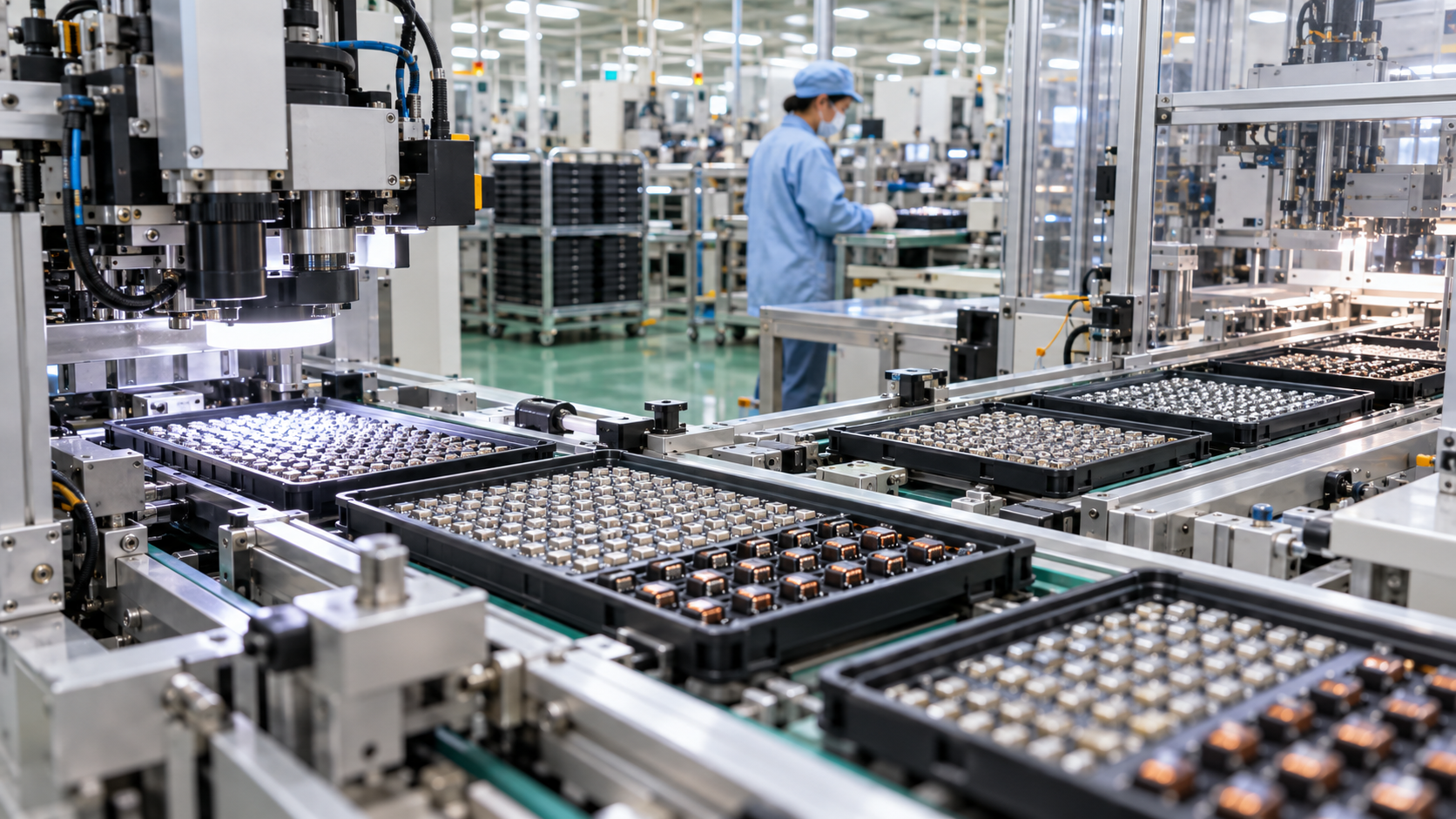 電子部品を自動検査し出荷準備へ進める工場の生産ライン
