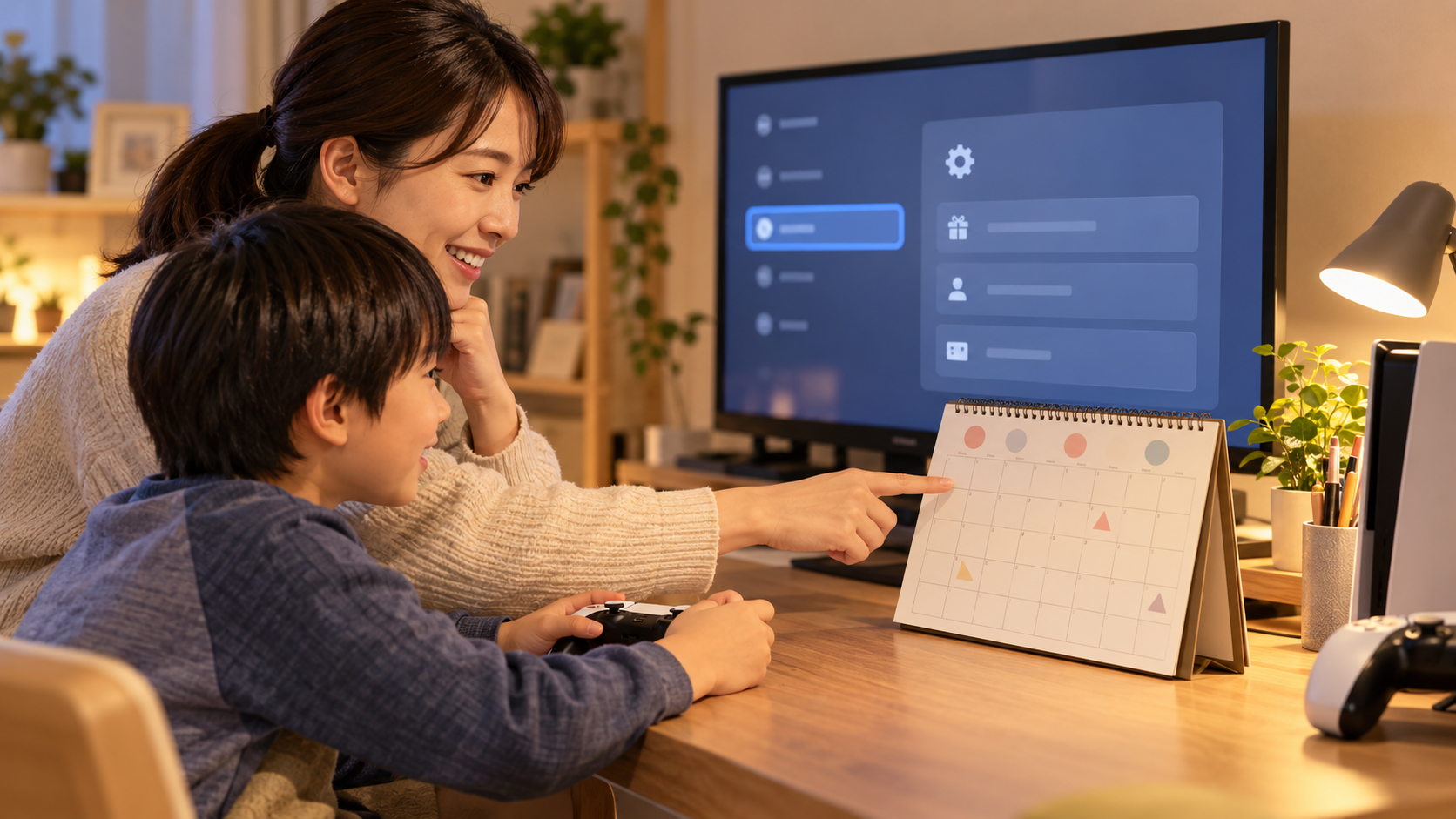 親子がゲーム機の設定画面とカレンダーを見ながらダウンロード期限を確かめる場面