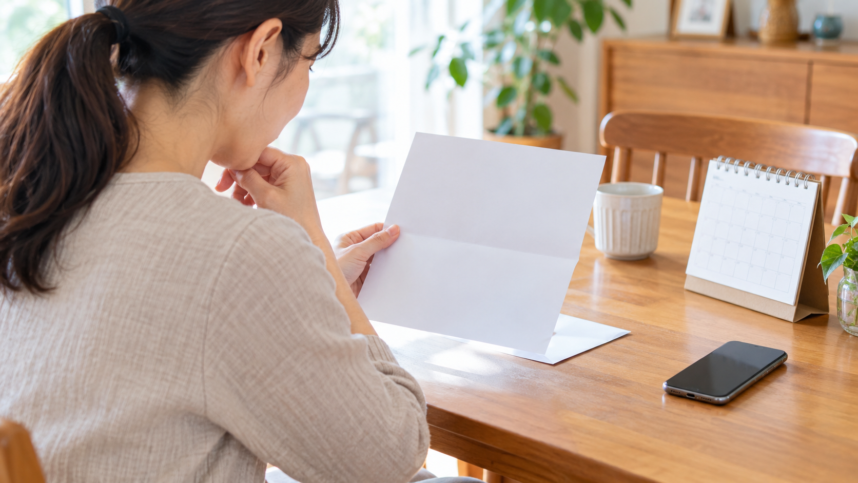 家計の書類と公式案内を落ち着いて確認するイメージ