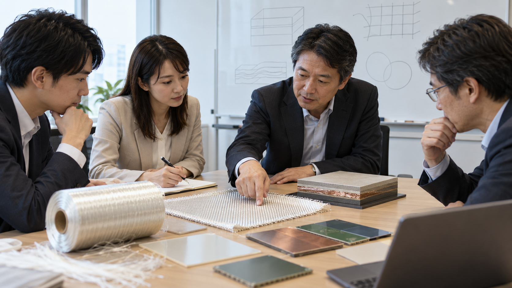 電子材料の見本を囲み設備投資の進捗を確認する日本の製造業チーム