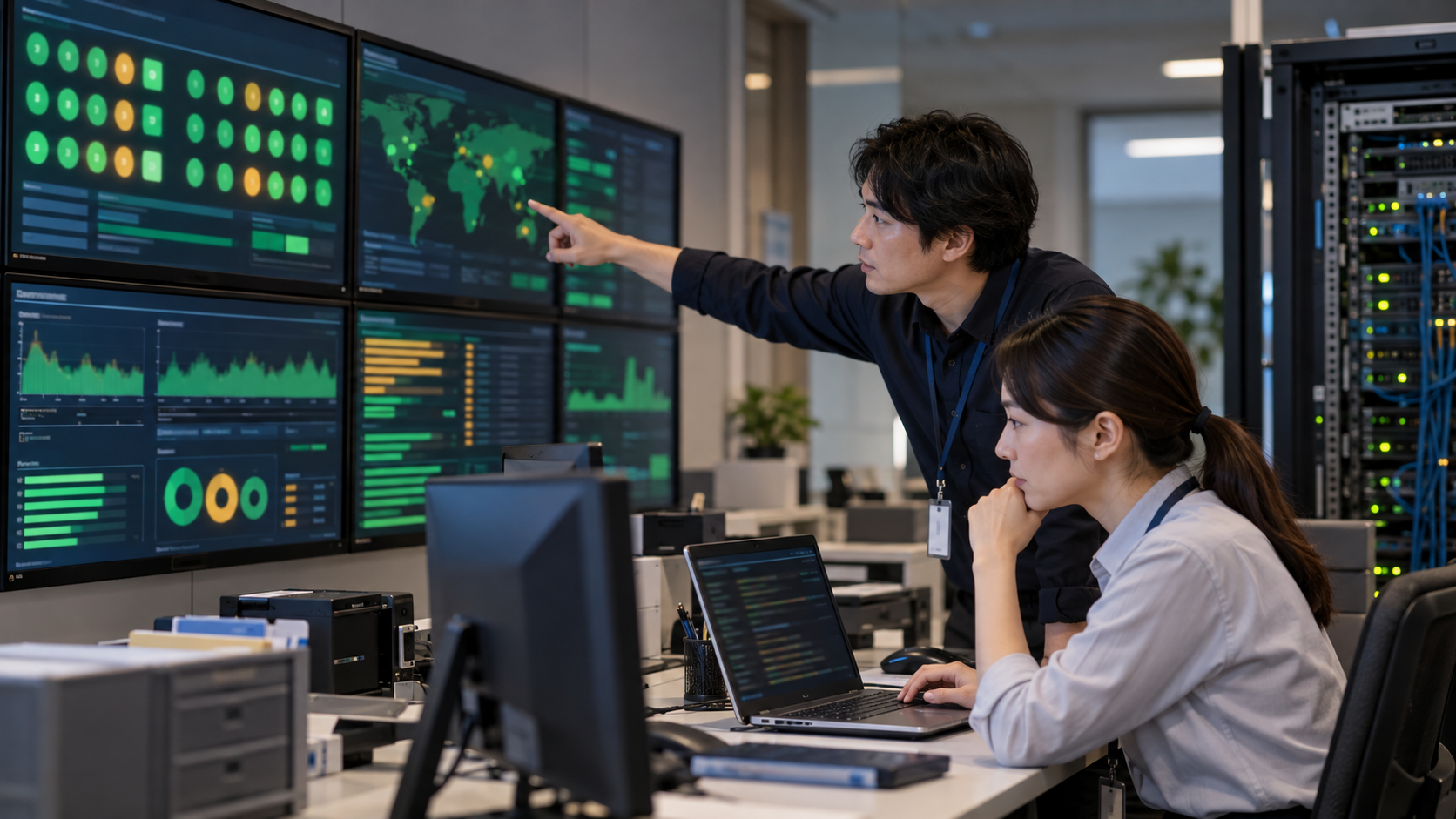 監視画面とサーバーラックを確認しながら更新後のWebサービスを見守る運用チーム