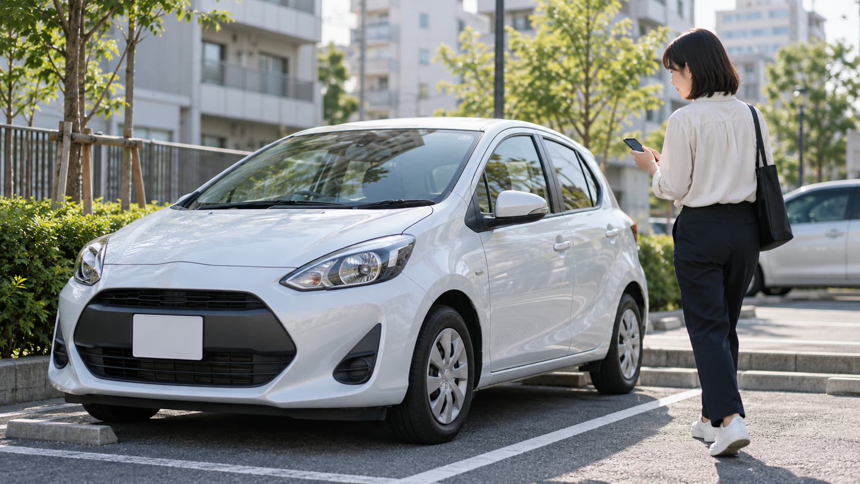 都市部の駐車場で、女性がスマートフォンを手に白いコンパクトカーへ近づくカーシェア利用の場面
