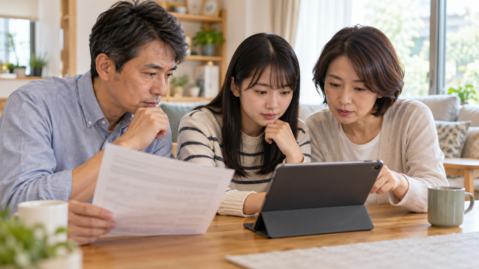 家族が自宅のテーブルで紙の案内とタブレットを見比べ、公式情報を確認している様子