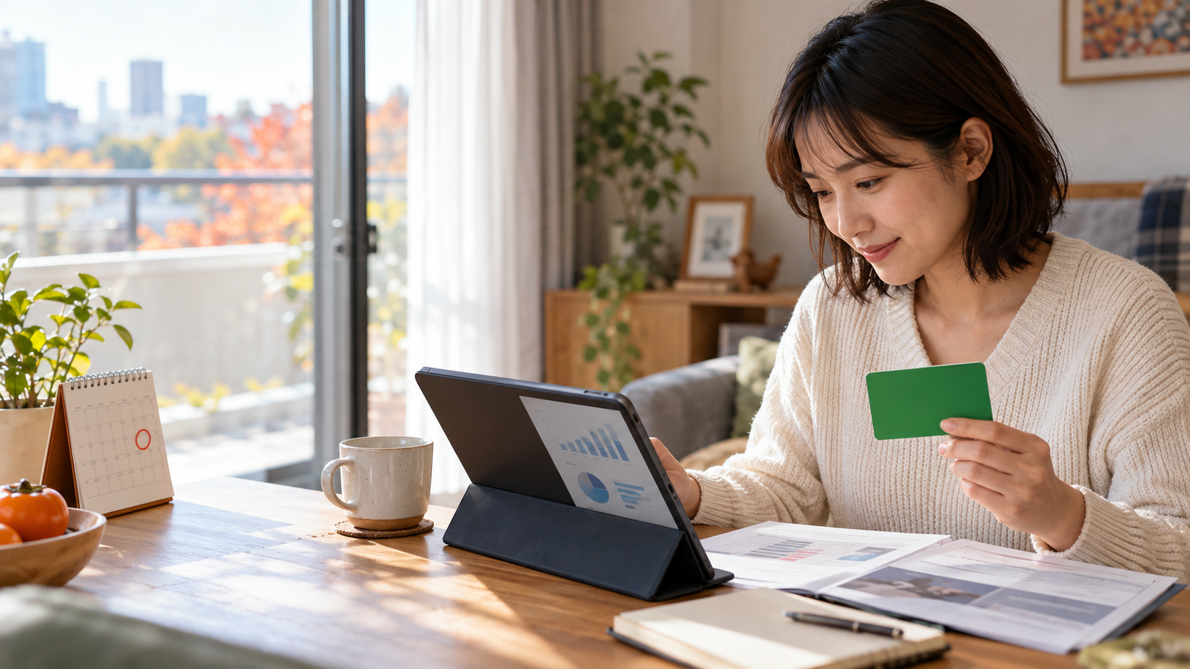 個人投資家が自宅の机で電子ギフトカード、タブレット、カレンダーを見比べ、株主優待の条件を確認している様子