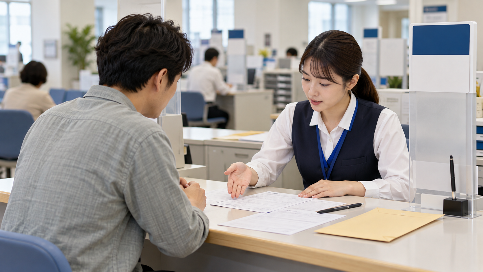 明るい行政窓口で、男性が担当者と書類を見ながら相談している様子