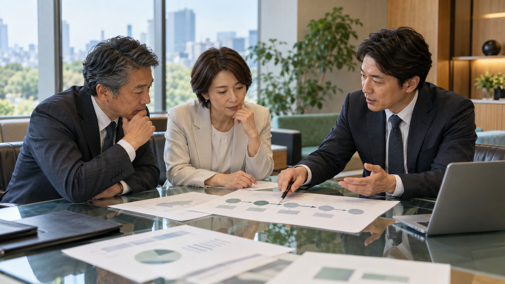 日本の事業承継・M&Aに関する会議で、経営者とアドバイザーが資料を見ながら話し合う様子