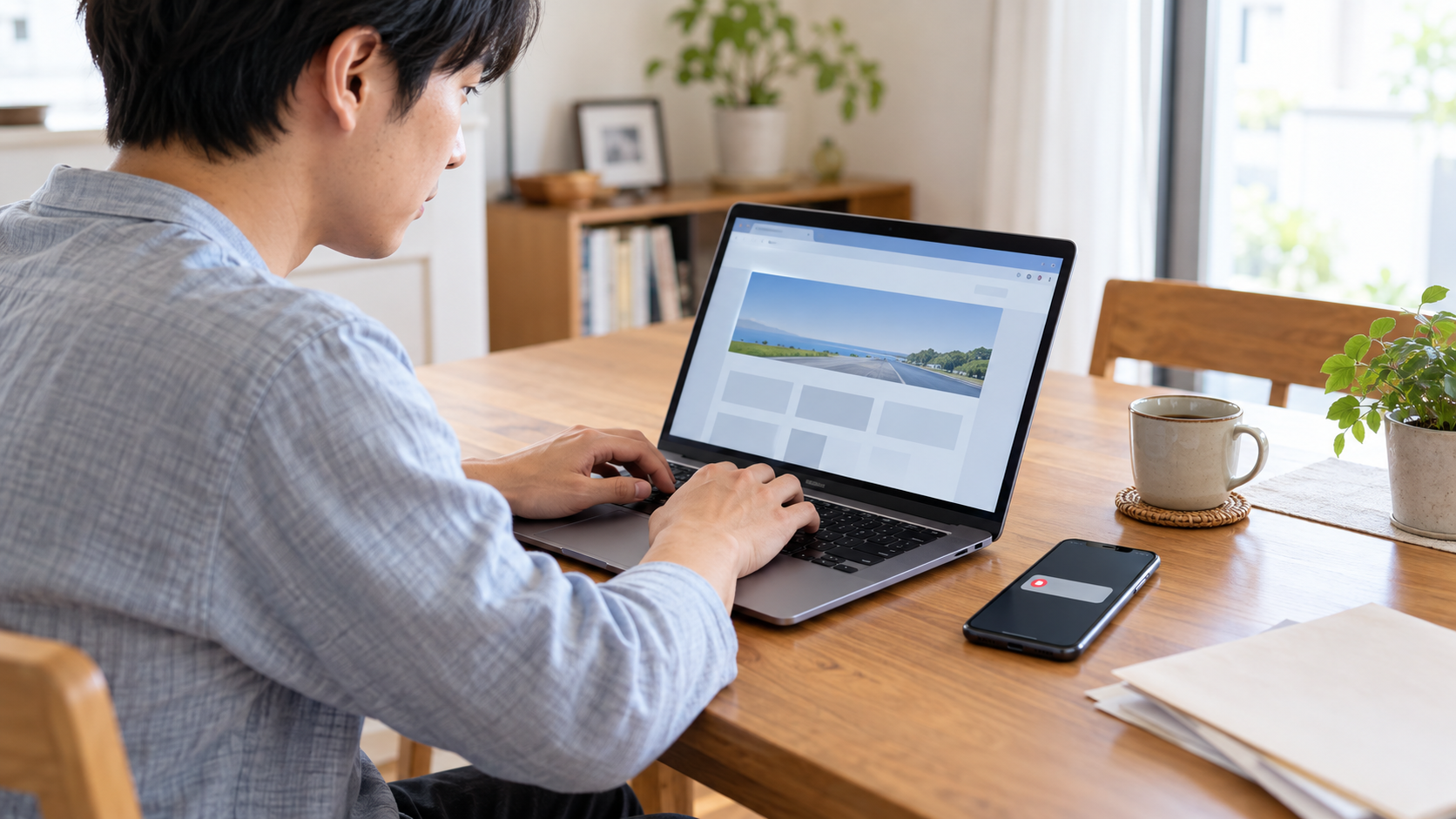 自宅のテーブルで男性がノートパソコンから公式サイトを確認し、近くのスマートフォンの通知には反応しない様子