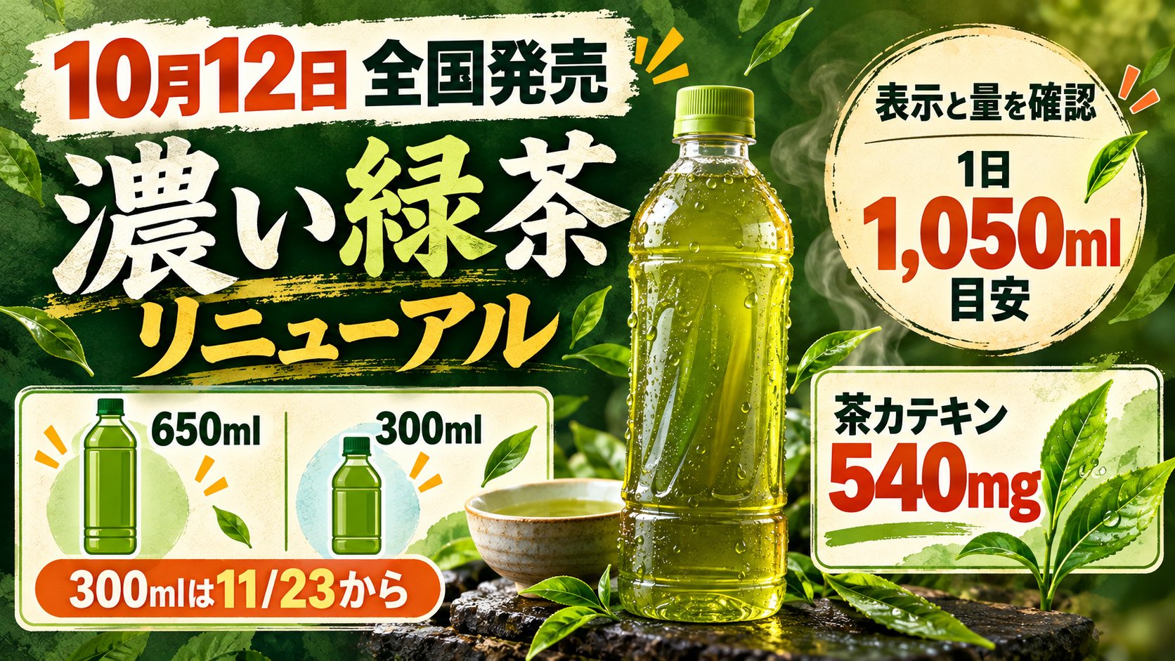 濃い緑茶のリニューアル、10月12日全国発売、1日1050mlの目安、650mlと300mlの容量を示す緑茶ボトルの情報画像