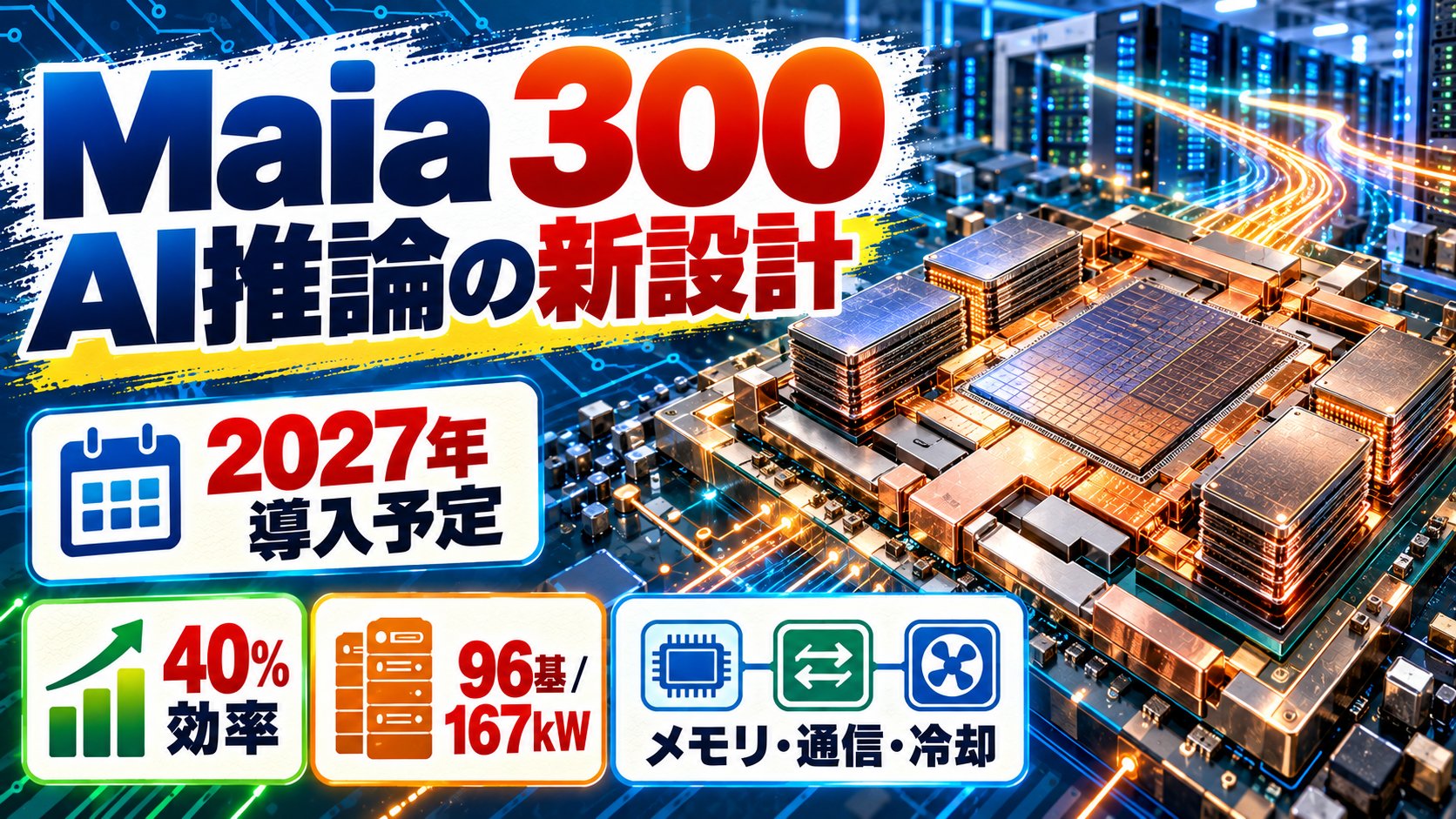 Microsoft Maia 300のチップレット、HBMメモリー、データフローと2027年導入予定、40パーセント効率、96基167kWを示す技術情報図解
