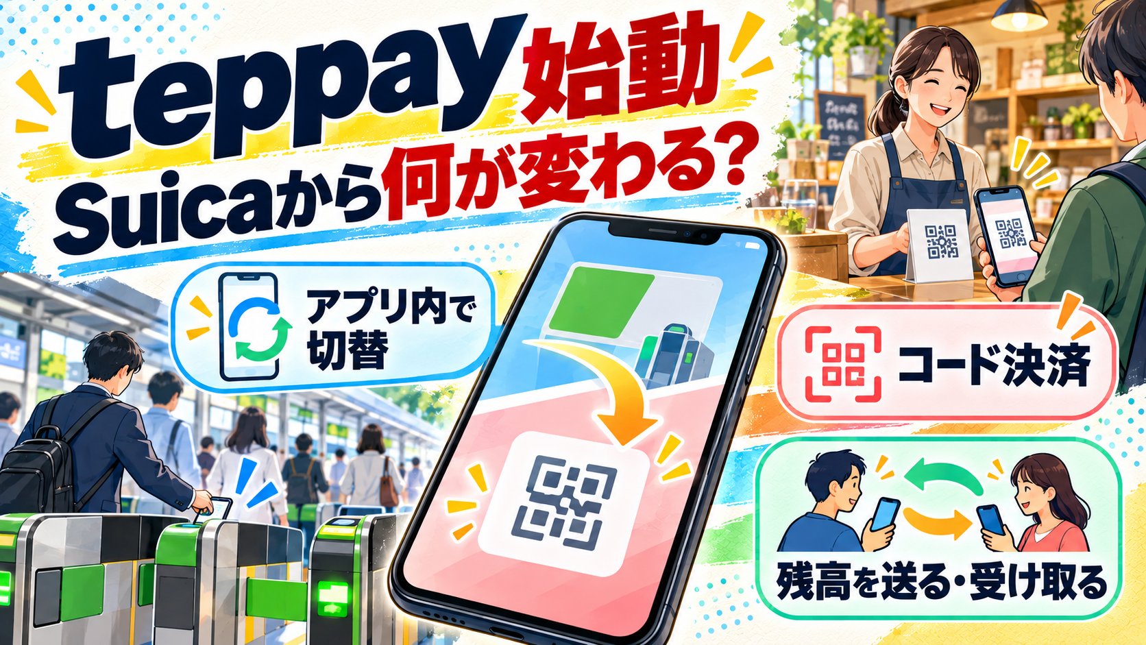 モバイルSuicaからteppayへ切り替えるスマートフォンを中心に、駅の改札と店舗でのコード決済、残高送付を示した図解