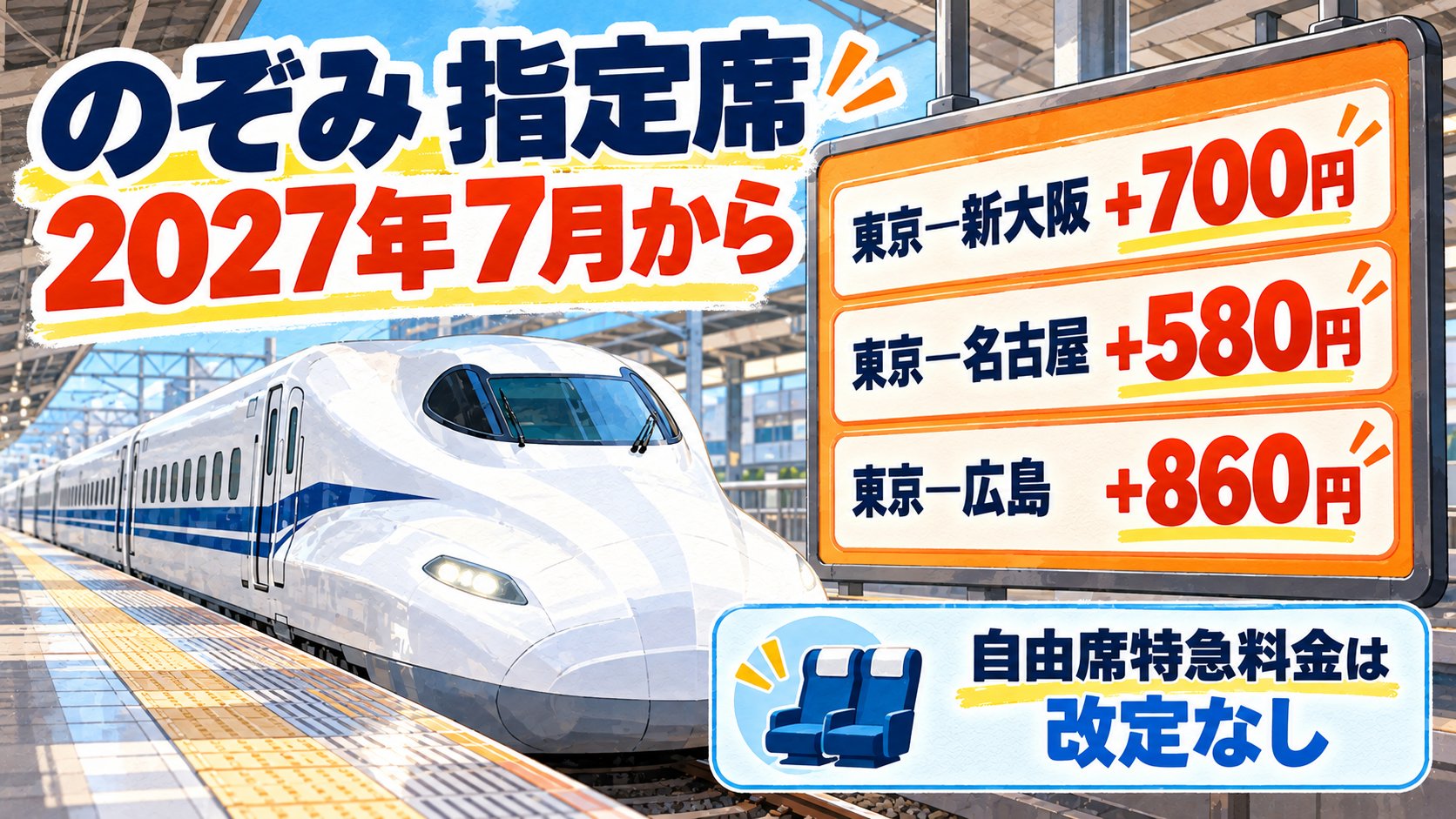 のぞみ指定席の2027年7月料金改定と東京―新大阪プラス700円、東京―名古屋プラス580円、東京―広島プラス860円を示す新幹線駅の情報図解