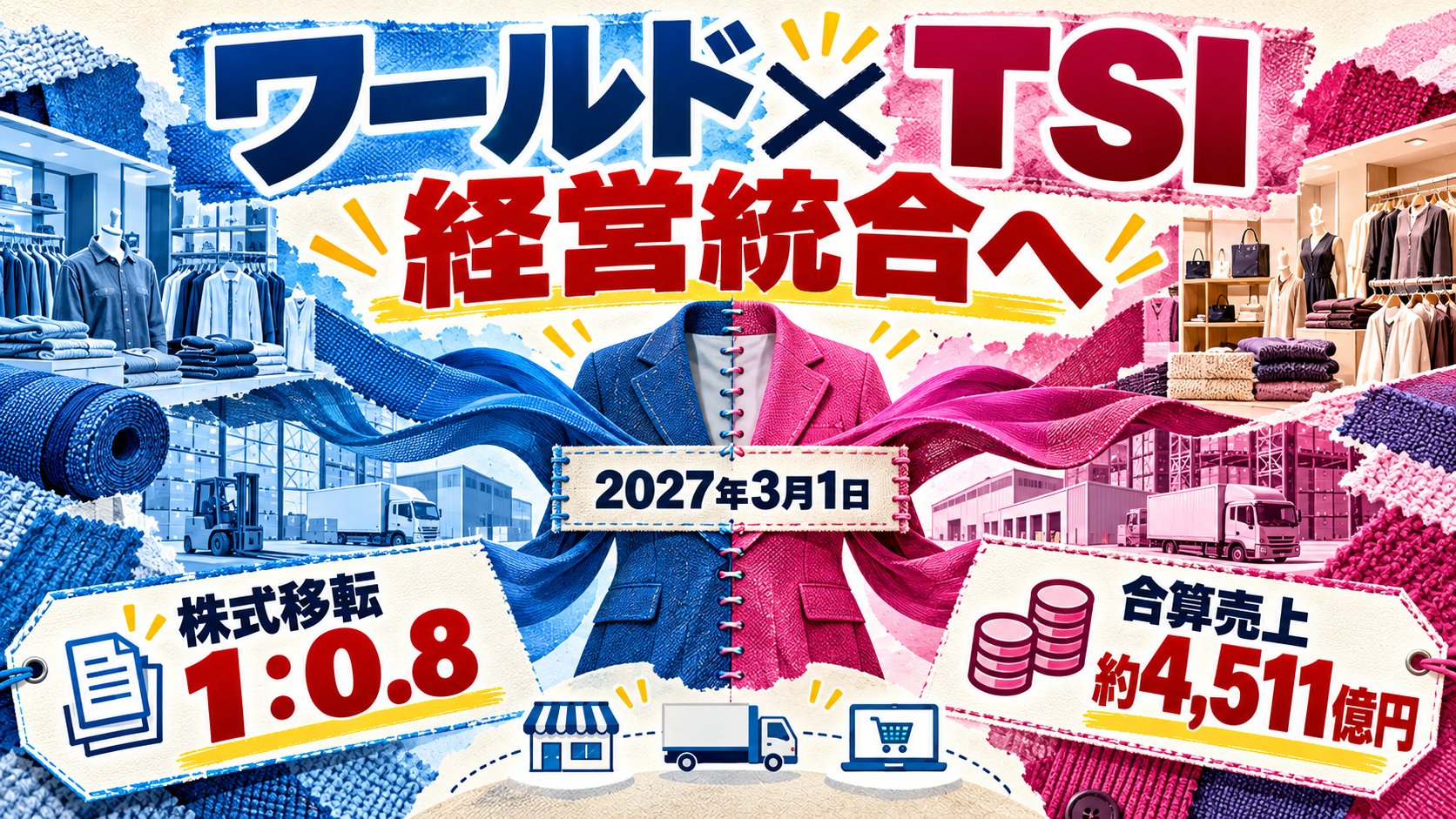 ワールドとTSIの経営統合を、左右から縫い合わさる衣料流通網、2027年3月1日、株式移転1対0.8、合算売上約4,511億円で示す編集図解